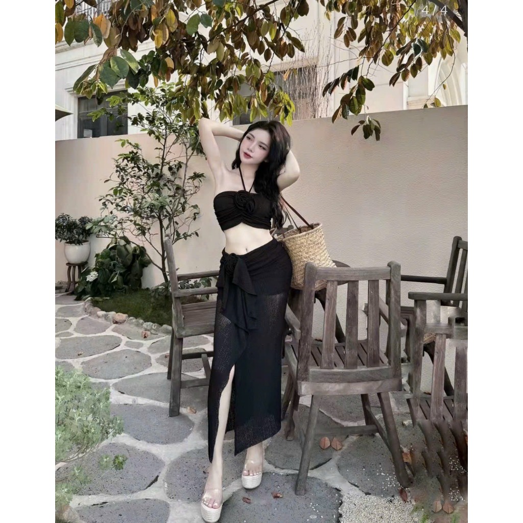 [ BKN 1029 ] Bikini đồ bơi đi biển hai mảnh áo cổ yếm PHỐI HOA mix chân váy xẻ tà sang chảnh HAN.T SHOP