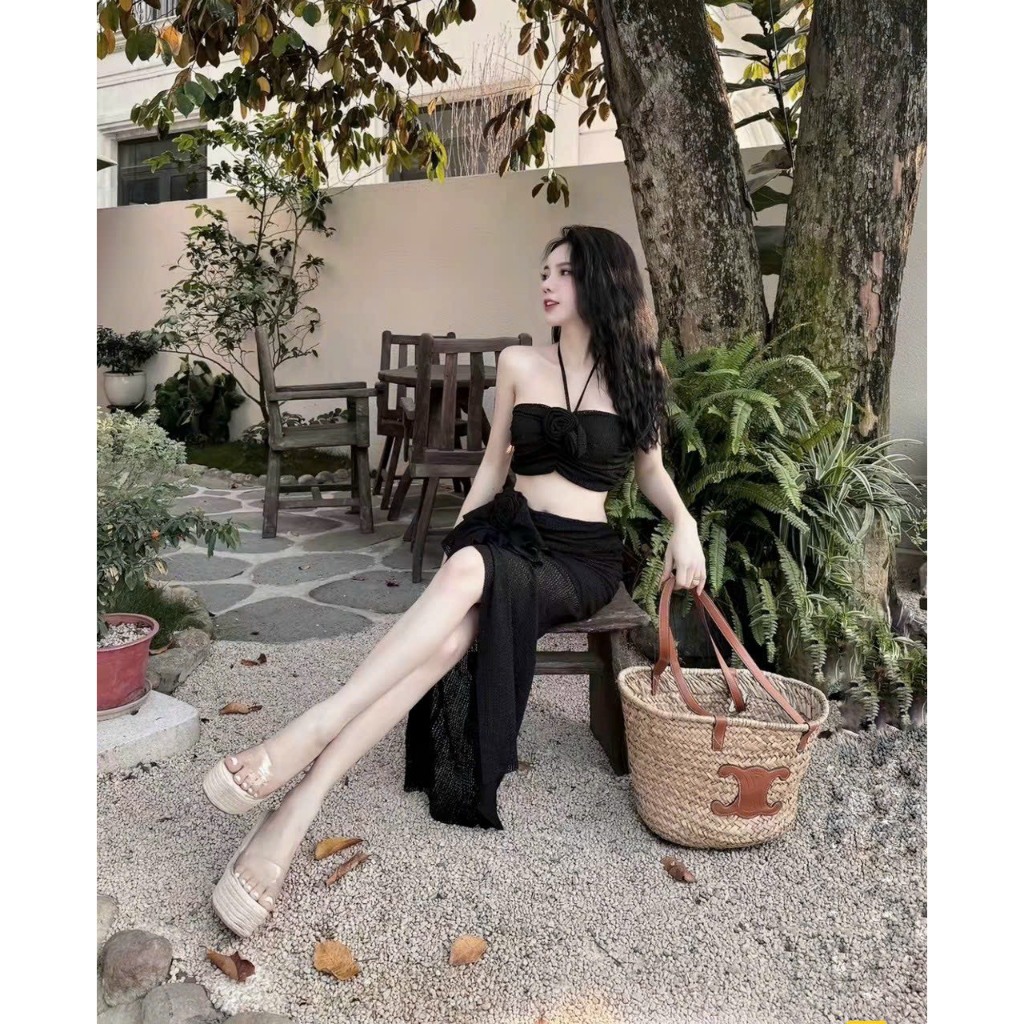 [ BKN 1029 ] Bikini đồ bơi đi biển hai mảnh áo cổ yếm PHỐI HOA mix chân váy xẻ tà sang chảnh HAN.T SHOP