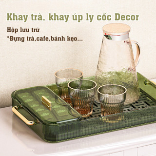 Khay trà, khay úp ly cốc trong suốt 2 lớp ECO kèm hộp lưu trữ đựng trà, cafe có tay cầm đa năng