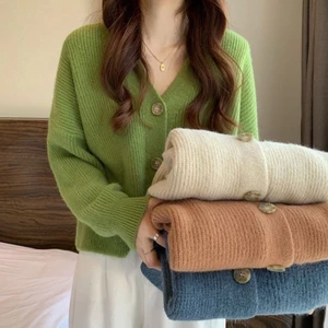 Áo cardigan len trơn dáng vừa tay dài cổ chữ V thời trang cho nữ phong cách Hàn Quốc tiểu thư hàng QC cao cấp- TD038