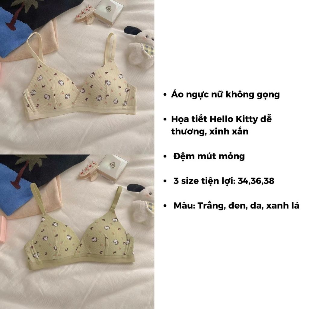 Áo ngực nữ không gọng đệm mút mỏng nhẹ 3 nấc cài tiện lợi họa tiết hello kitty dễ thương LANIXA A224