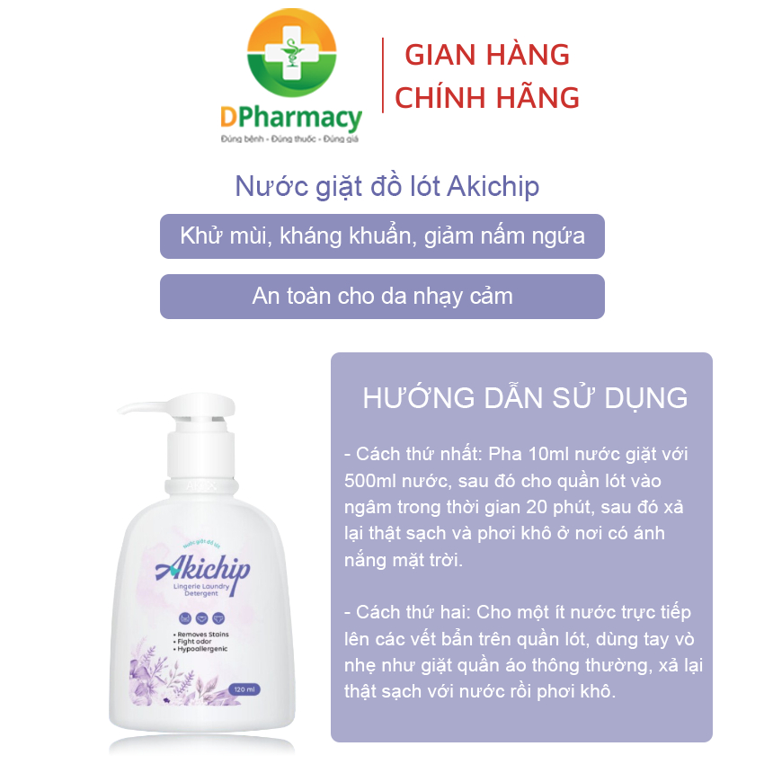 Nước giặt đồ lót sinh học AKICHIP giúp khử mùi, kháng khuẩn, giảm nấm ngứa, hương thơm tự nhiên120ml