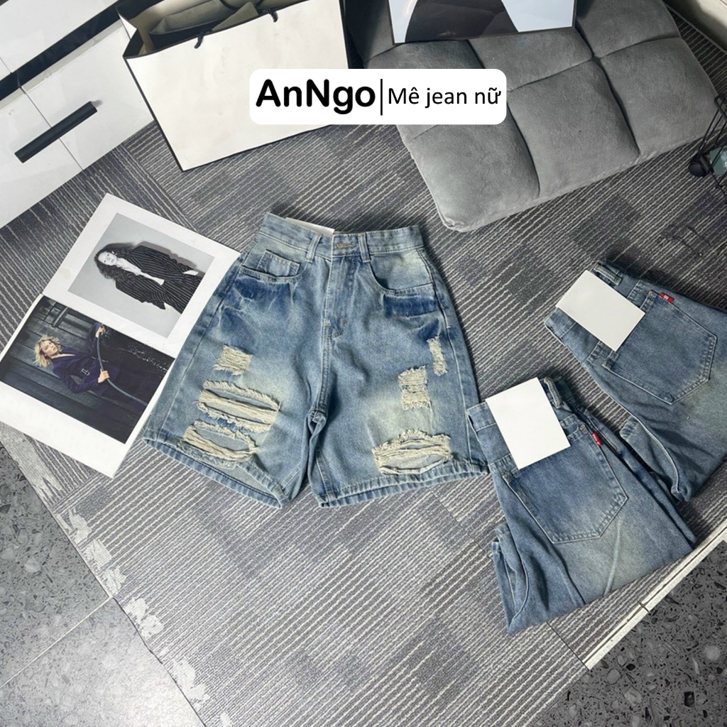 Quần jean ngố nữ ống rộng rách nhẹ, chất jean denim không co giãn dày dặn, cực xinh Anngo - AT422
