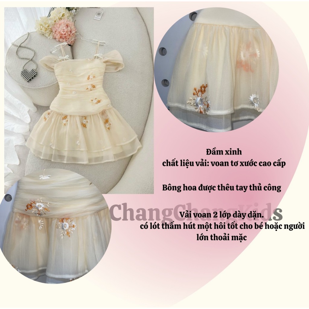 Đầm nhún thêu hoa hai dây trễ vai Hàng Thiết Kế hai lớp cho bé và mẹ có size từ 15-55kg