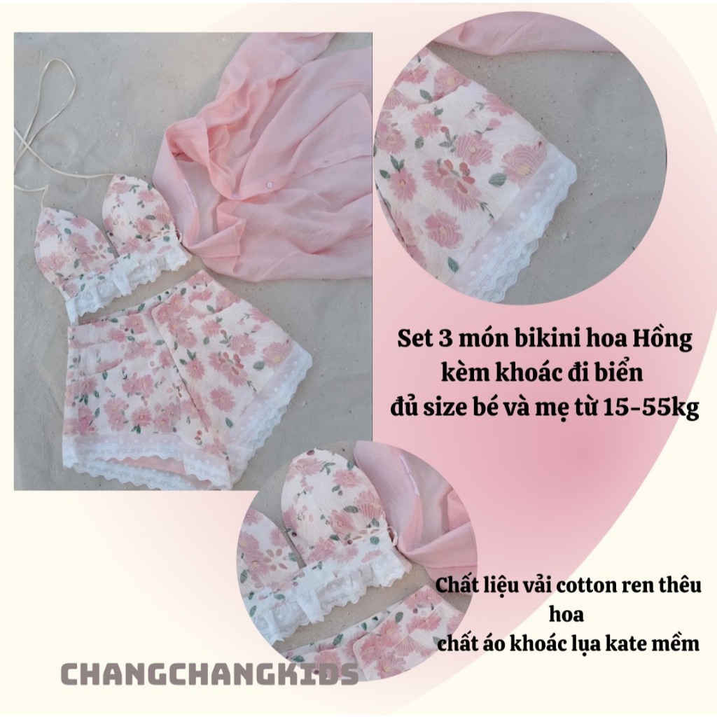 SALE SALE Sét Bikini 3 món bé gái áo sơ mi phối sét đùi thêu hoa  cho bé và mẹ 3,4,5,6,7,8,9,10,12,13,14,15 tuổi