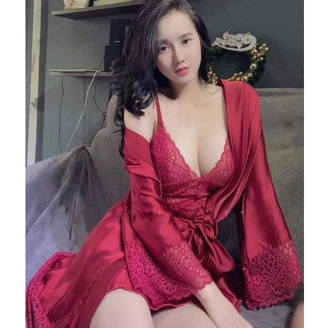 Đồ Ngủ Gợi Cảm Đầm Ngủ Có Mút Ngực Kèm Áo Choàng Sexy Lụa Latin Và Ren Đồ Ngủ Sexy Cao Cấp