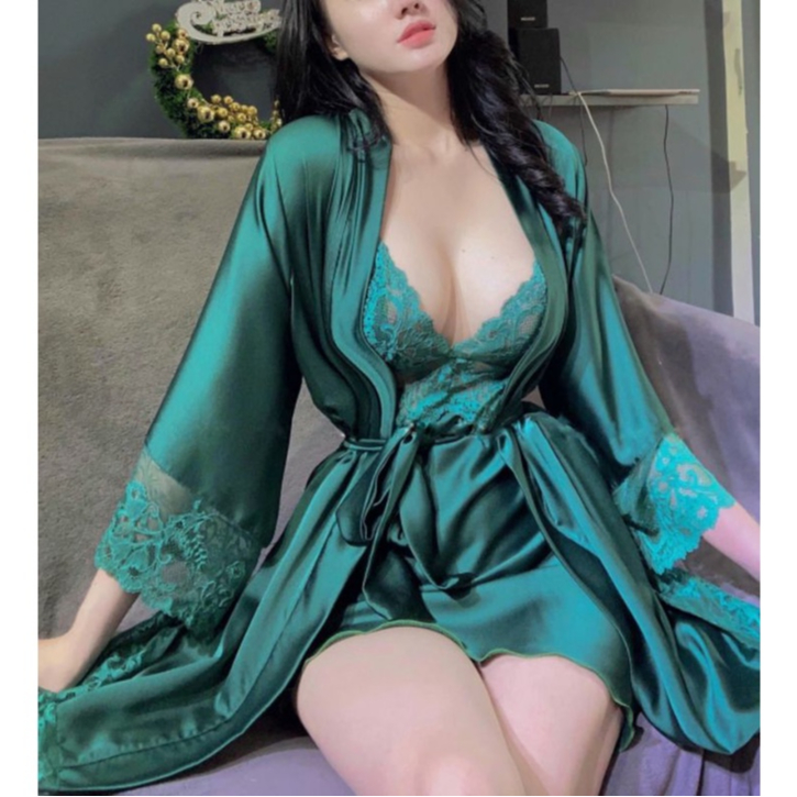 Đồ Ngủ Gợi Cảm Đầm Ngủ Có Mút Ngực Kèm Áo Choàng Sexy Lụa Latin Và Ren Đồ Ngủ Sexy Cao Cấp