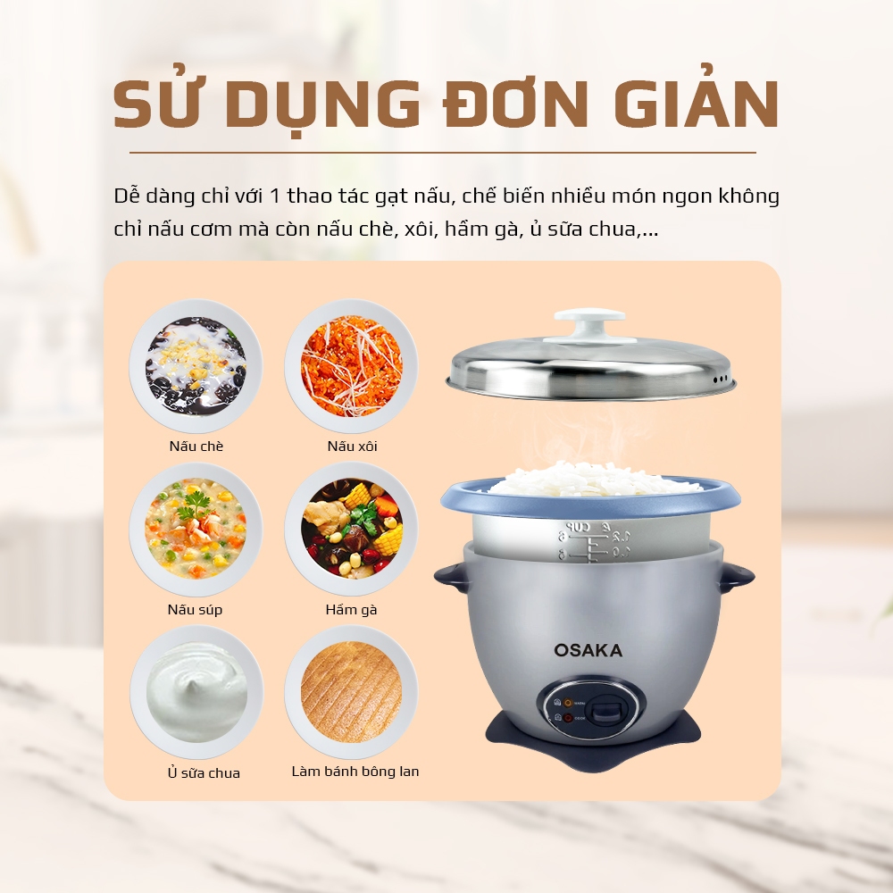 Nồi Cơm Điện OSAKA RC-220R Dung Tích 2.2L, Công Suất 900W - Lòng Nồi Chống Dính - Nắp Inox 304