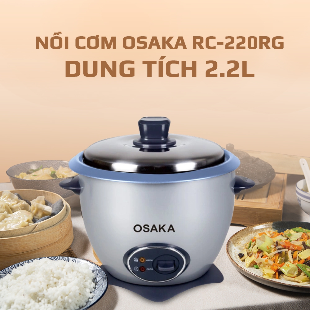 Nồi Cơm Điện OSAKA RC-220R Dung Tích 2.2L, Công Suất 900W - Lòng Nồi Chống Dính - Nắp Inox 304