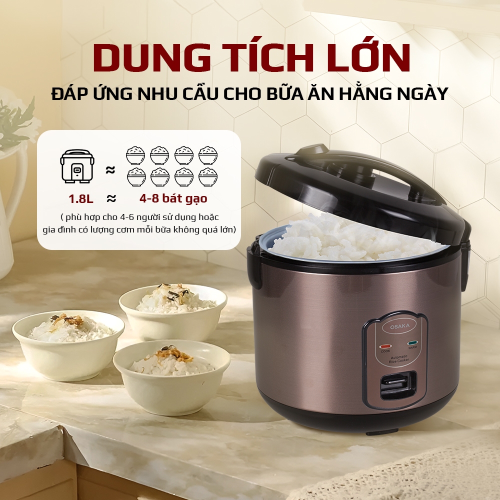 Nồi Cơm Điện OSAKA RC-118T Dung Tích 1.8L - Mâm Nhiệt Lớn - Tráng Men Titanium Chống Dính - Nắp Gài