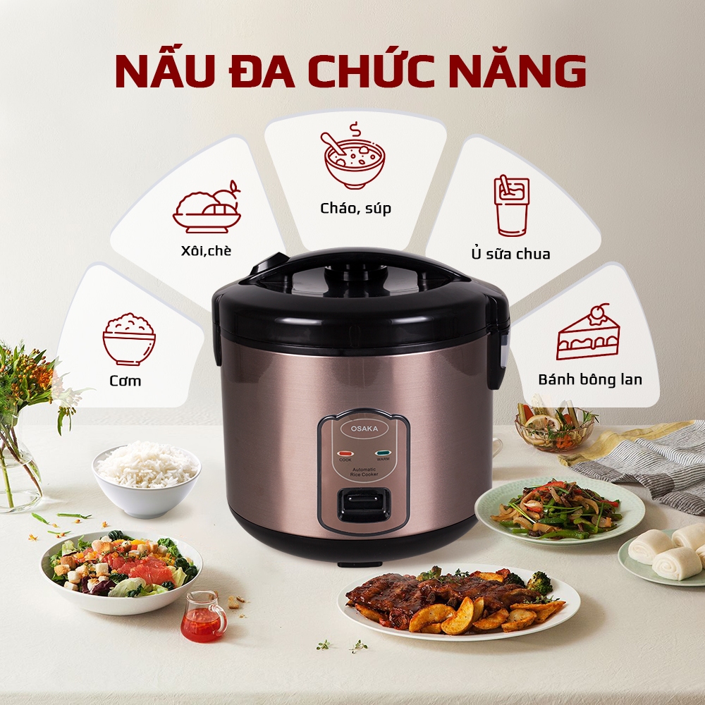 Nồi Cơm Điện OSAKA RC-118T Dung Tích 1.8L - Mâm Nhiệt Lớn - Tráng Men Titanium Chống Dính - Nắp Gài