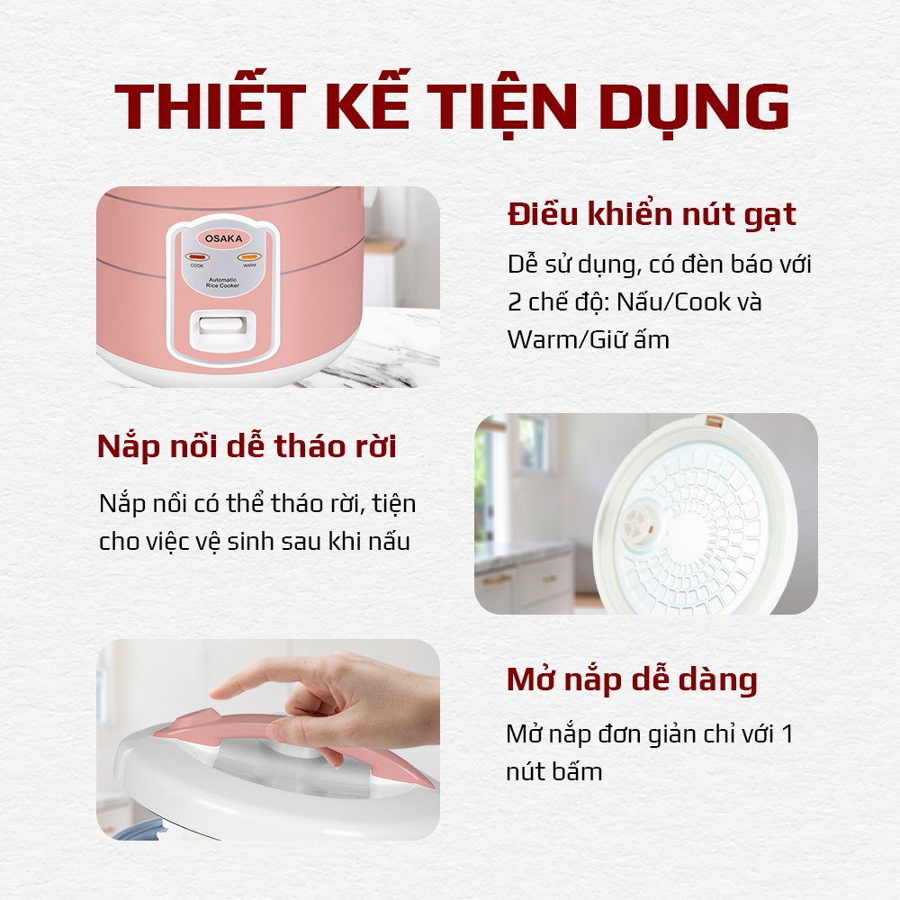 Nồi Cơm Điện OSAKA RC-118T Dung Tích 1.8L - Mâm Nhiệt Lớn - Tráng Men Titanium Chống Dính - Nắp Gài