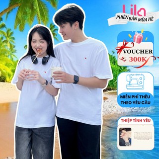 Set đồ đôi nam nữ mặc cùng người yêu couple Tinyheart LILA thêu tym, áo thun phông cotton form rộng quà tặng bạn trai,gá