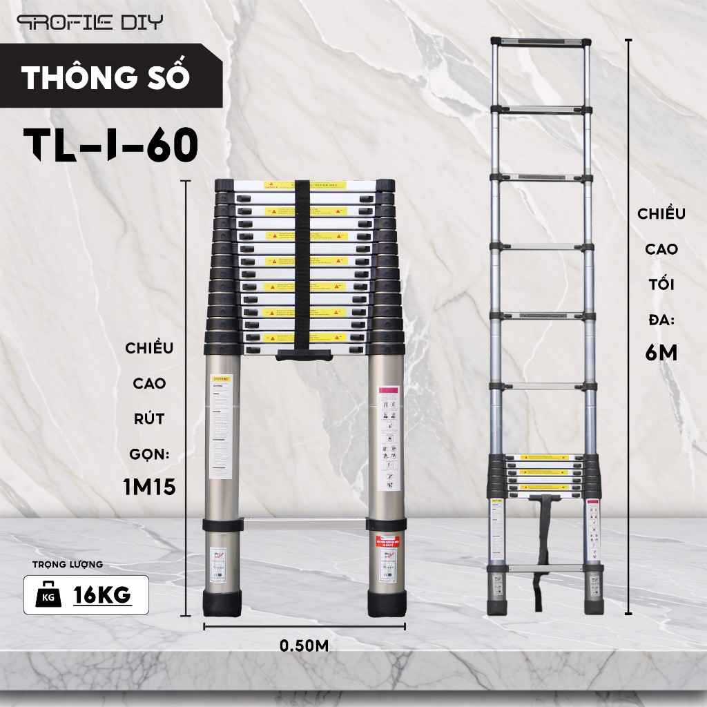 Thang nhôm rút đơn DIY TL-I-60 chiều cao sử dụng tối đa 6.0M