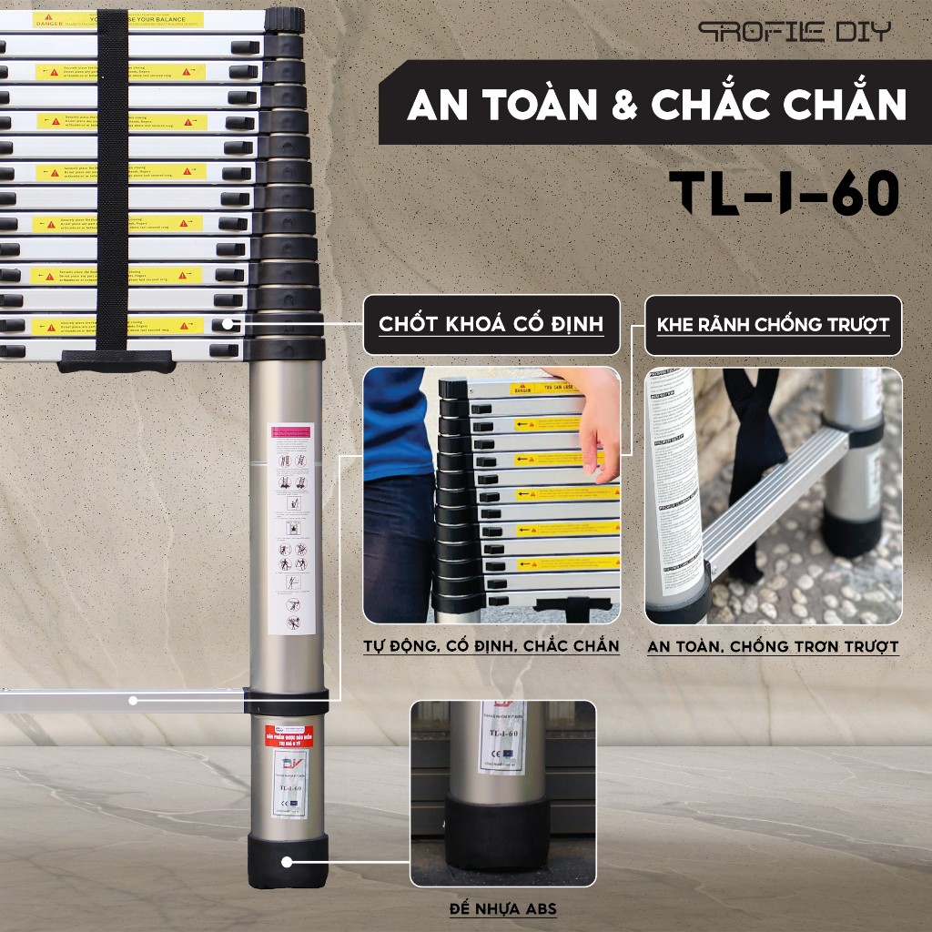 Thang nhôm rút đơn DIY TL-I-60 chiều cao sử dụng tối đa 6.0M