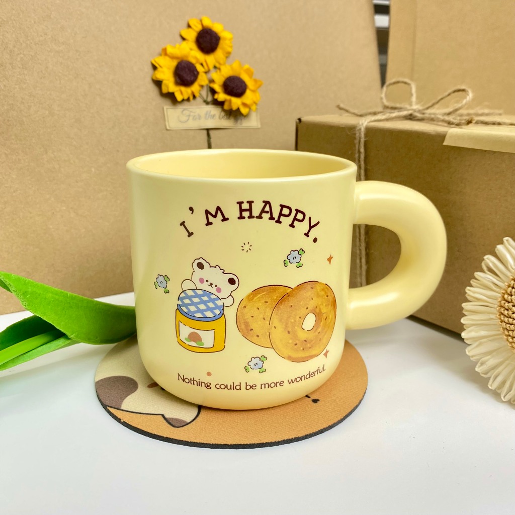 Set Quà Tặng Cốc Sứ Bánh Mỳ Happy, Gấu Thiệp Sinh Nhật, Tặng Bạn Bè Người Thân Kèm Lót Ly, Phụ Kiện Xinh Xắn