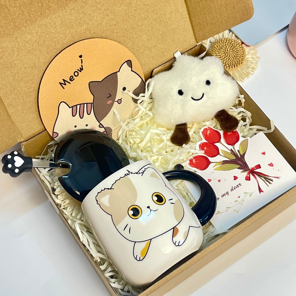 Set Quà Tặng Cốc Sứ Mèo Con Dễ Thương, Gấu Thiệp Sinh Nhật, Tốt NghiệpTặng Bạn Bè Người Thân Kèm Lót Ly Xinh Xắn