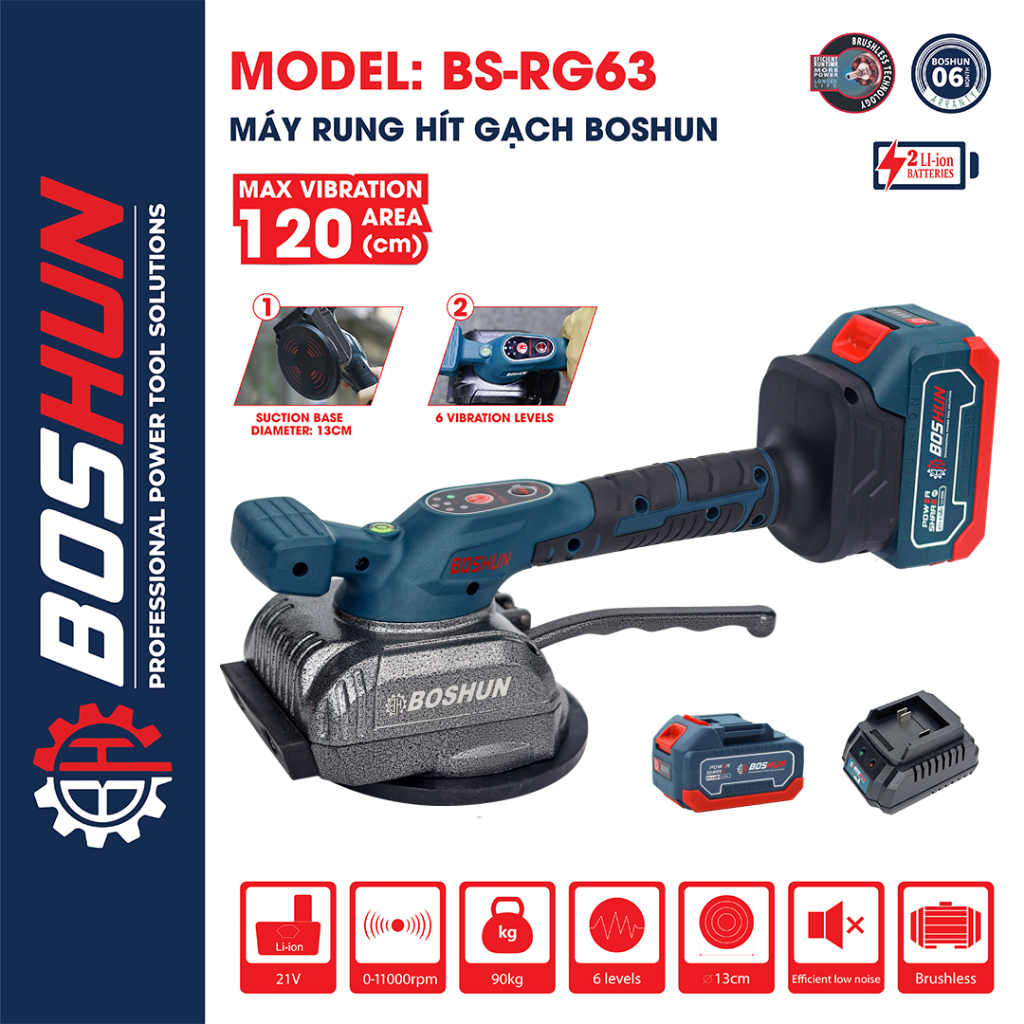 [CHÍNH HÃNG] Máy rung hít gạch Boshun BS-RG63 6 mức rung, động cơ không chổi than, lực hút 90kg, Không gây tiếng ồn
