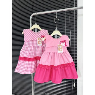 Váy bé gái, đầm bé gái hoạ tiết gấu dâu size 12-32kg vai cách điệu, quần áo trẻ em