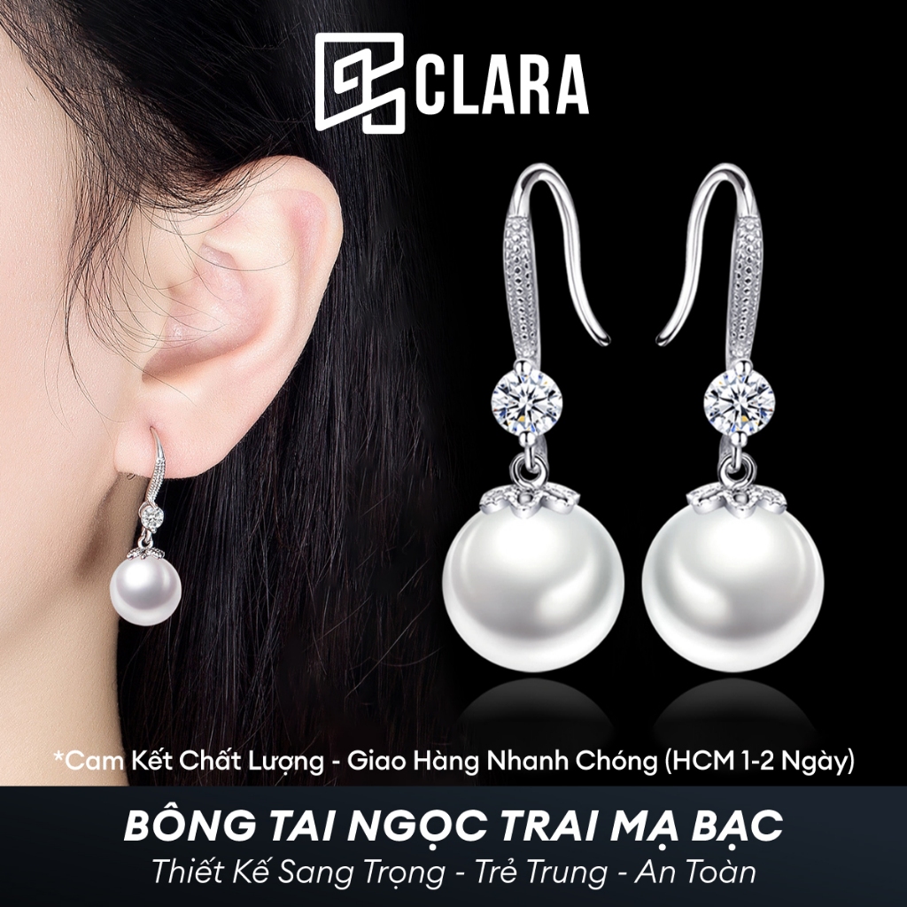 Bông tai nữ sang chảnh, Bông tai ngọc trai bạc thật dáng dài - Clara