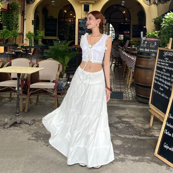 [HÌNH CHÍNH CHỦ] Chân Váy Maxi Dáng Dài Pepper Clothing Chân Váy Trắng Xoè Nhiều Tầng Dây Rút May Hai Lớp - Fiona Skirt | BigBuy360 - bigbuy360.vn