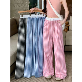 Quần suông nữ kẻ caro phối cạp trắng bo chun lưng cao ống rộng nhiều màu basic chất đũi mềm mát MA686