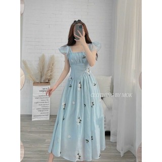 Đầm maxi voan có kèm mút họa tiết hoa nhỏ tay cánh tiên cổ vuông nhúng eo kiểu dáng nhẹ nhàng dễ thương