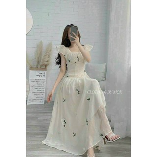 Đầm maxi voan có kèm mút họa tiết hoa nhỏ tay cánh tiên cổ vuông nhúng eo kiểu dáng nhẹ nhàng dễ thương