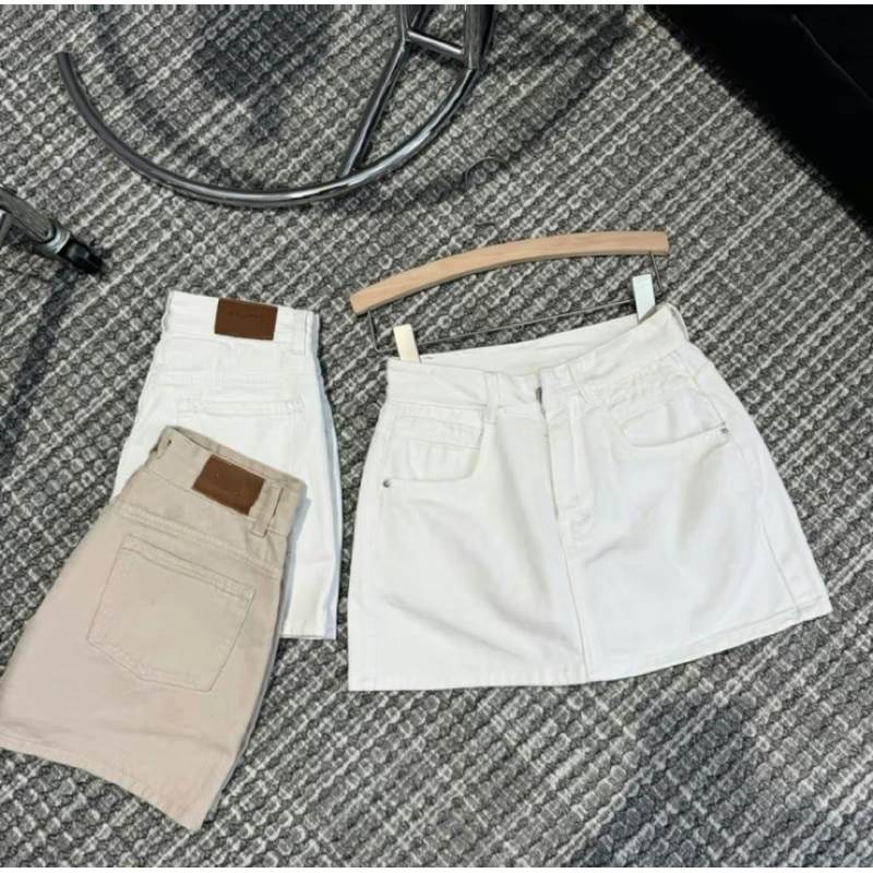 [K-JEANS] Chân váy form chữ A đơn giản màu be/ trắng có lót quần bên trong (mã B002)