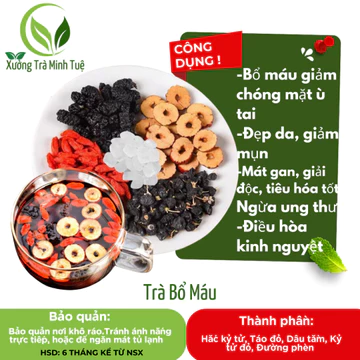 Trà bổ máu ích huyết Minh Tuệ, Trà thảo mộc gồm hắc kỷ tử, kỳ tử đỏ, dâu tằm, táo đỏ, đường phèn