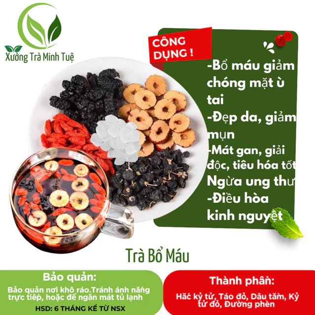 Trà bổ máu ích huyết Minh Tuệ, Trà thảo mộc gồm hắc kỷ tử, kỳ tử đỏ, dâu tằm, táo đỏ, đường phèn