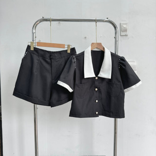 Set Đồ Nữ Áo Sơ Mi Croptop Tay Ngắn Kèm Quần Đùi Lưng Chun Vải Cotton Lạnh CÓ BIGSZIE SET832
