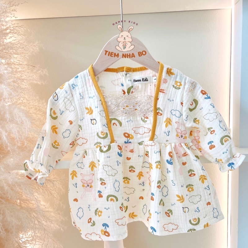 Váy Xô Muslin Cổ Ren Cao Cấp Cho Bé Gái 1-2 Tuổi