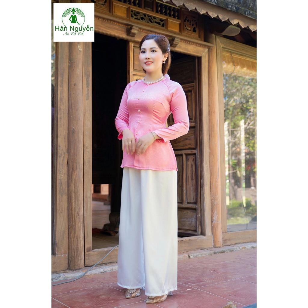 Hân Nguyễn Áo Bà Ba - B.A41 - Áo lẻ bà ba dây kéo gấm hoa hồng