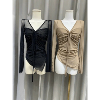 Áo thun lưới dài tay rút ngực tà lệch dễ thương, style độc lạ cá tính freesize AT39