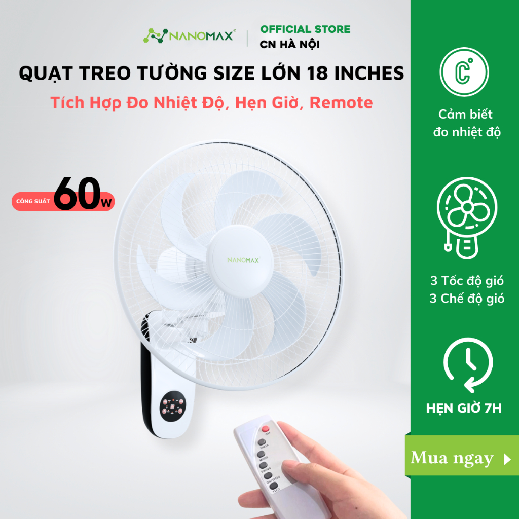 Ảnh Quạt Treo Tường NANOMAX QN-06 Size Lớn 18 Inches 6 Cánh Điều Khiển Từ Xa, Đo Nhiệt Độ Bên Trong Máy 1
