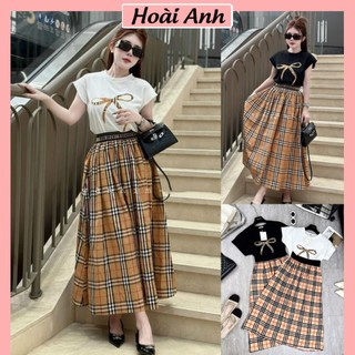 Set Bộ Đồ Áo Phông Thêu Nơ kẻ Mix Chân Váy Kẻ BBR Dáng Dài Siêu Xinh Freesize