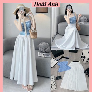 Set Bộ Đồ Nữ Áo 2 Dây Caro Xanh Phối Ren Ngực Khóa Lưng Mix Chân Váy Trắng Dáng Dài Xòe Rộng Có Đệm Ngực Freesize