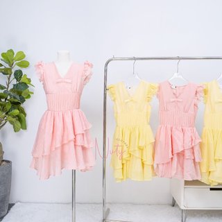 Đầm Nữ Xốp Tầng Tay Bèo Cổ V Ngực Đính Nơ Phong Cách Tiểu Thư Nhẹ Nhàng