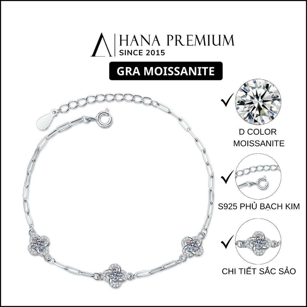 Lắc Tay Bạc 925 Đá Moissanite Round 3.5MM Hoa Xoắn Đính Đá Nhỏ Xinh Phủ Bạch Kim Không Đen Không Mờ 1729