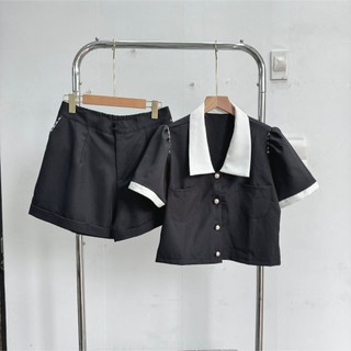 Set Đồ Bộ Thiết Kế Áo Sơ Mi Tay Ngắn Croptop Phồng Viền Trắng Vai Cách Điệu 2Túi Xinh Xắn Trẻ Trung SET832