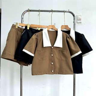 Set Đồ Bộ Thiết Kế Áo Sơ Mi Tay Ngắn Croptop Phồng Viền Trắng Vai Cách Điệu 2Túi Xinh Xắn Trẻ Trung SET832