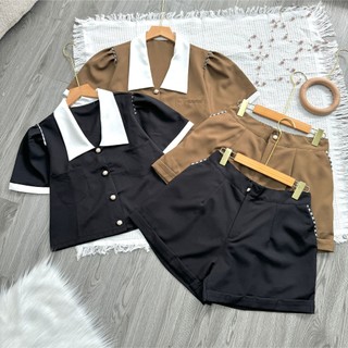 Set Đồ Bộ Thiết Kế Áo Sơ Mi Tay Ngắn Croptop Phồng Viền Trắng Vai Cách Điệu 2Túi Xinh Xắn Trẻ Trung SET832