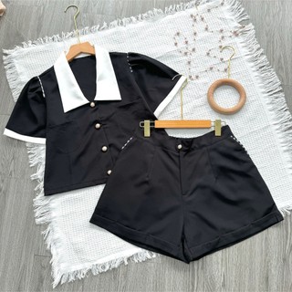 Set Đồ Bộ Thiết Kế Áo Sơ Mi Tay Ngắn Croptop Phồng Viền Trắng Vai Cách Điệu 2Túi Xinh Xắn Trẻ Trung SET832