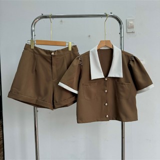 Set Đồ Bộ Thiết Kế Áo Sơ Mi Tay Ngắn Croptop Phồng Viền Trắng Vai Cách Điệu 2Túi Xinh Xắn Trẻ Trung SET832
