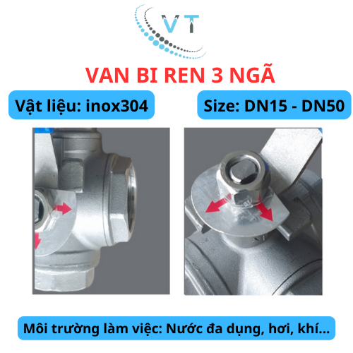 Van bi 3 ngã inox 304, T ren 21mm, 27mm, 34mm, 42mm - van khoá 3 chiều 3 đầu ren.