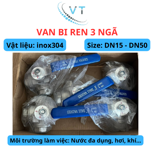 Van bi 3 ngã inox 304, T ren 21mm, 27mm, 34mm, 42mm - van khoá 3 chiều 3 đầu ren.