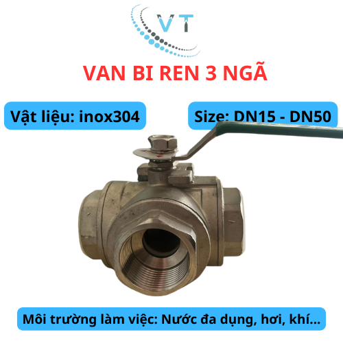 Van bi 3 ngã inox 304, T ren 21mm, 27mm, 34mm, 42mm - van khoá 3 chiều 3 đầu ren.