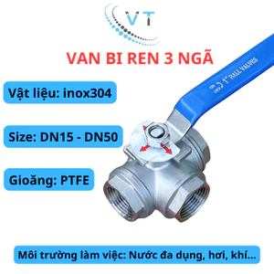 Van Bi 3 Ngã Inox 304 - Van Khoá Bi 3 Ngã - Van Đóng Mở Inox chữ T phi 49mm - 60mm (DN40 - DN50).