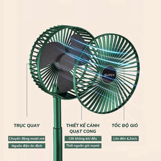 Quạt tích điện mini Super gấp gọn có thể kéo dài 3 tốc độ gió xoay 360 cổng sạc usb tiện dụng,